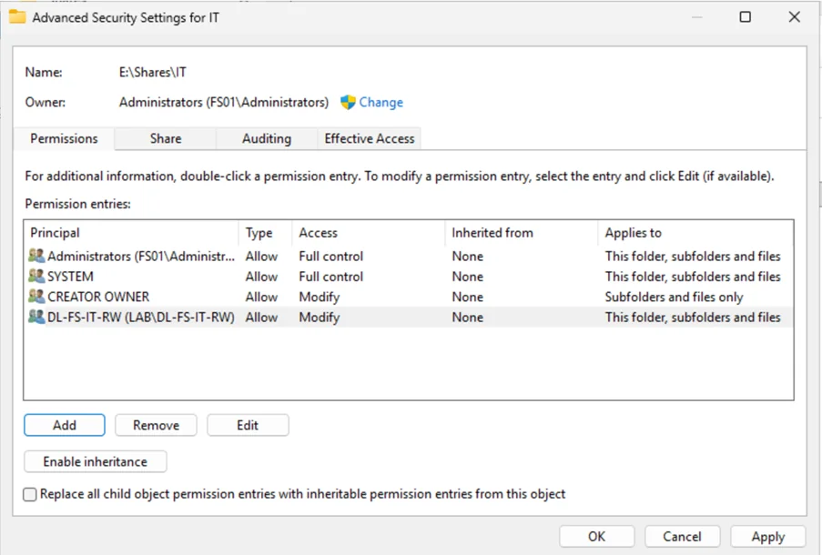 NTFS Advanced Security Settings for IT share