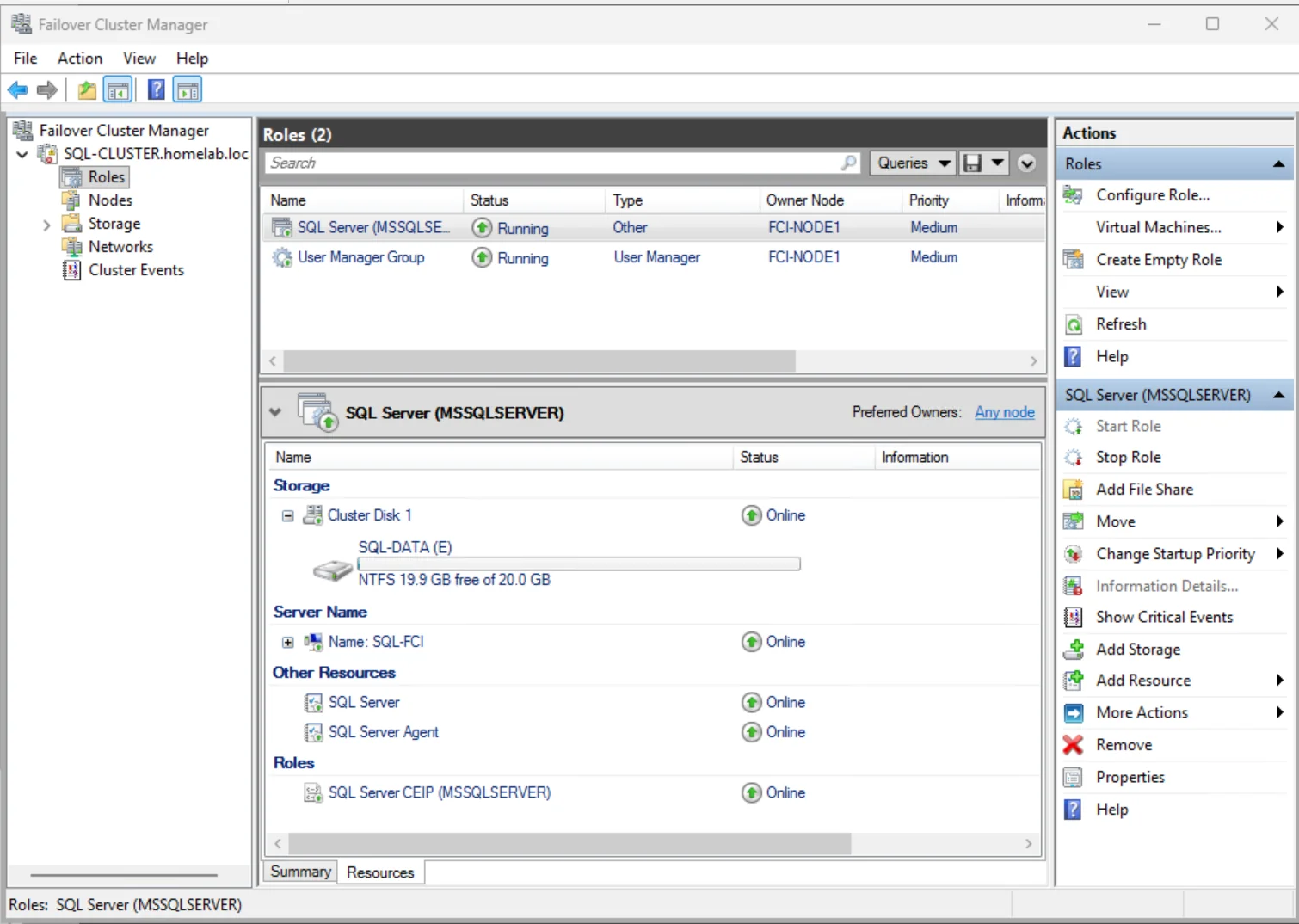 Failover Cluster Manager showing SQL Server FCI