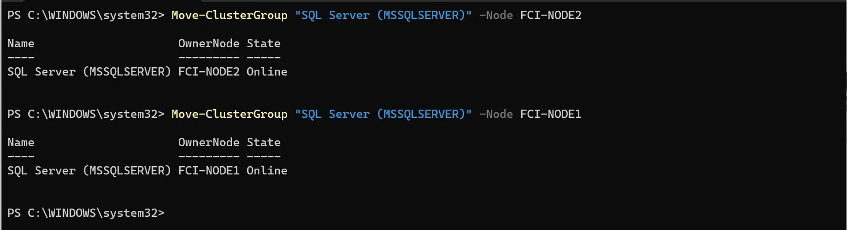 Failover Cluster Manager post-failover
