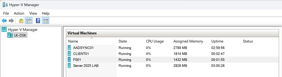 Hyper-V Manager showing all four lab VMs running