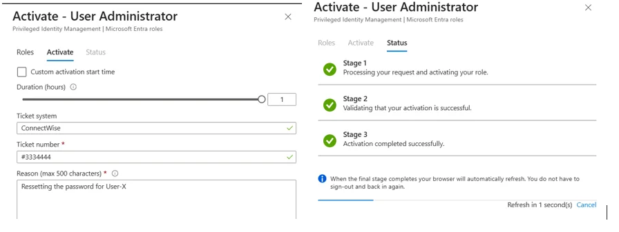 PIM Just-In-Time activation request and completion status